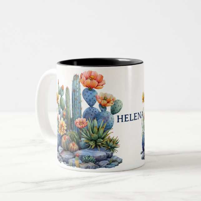 Blooming cacti and succulents Two-Tone coffee mug (Front Left)