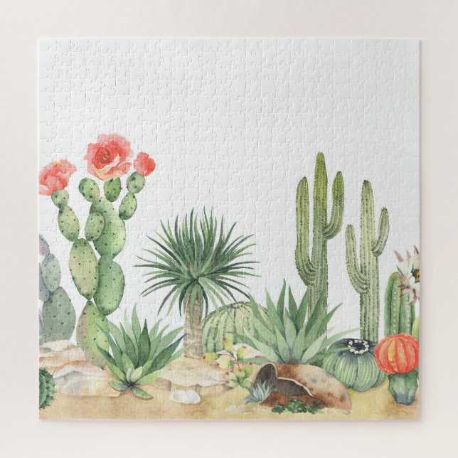 Blooming Cacti Watercolor Border Pattern Jigsaw Puzzle (Vertical)