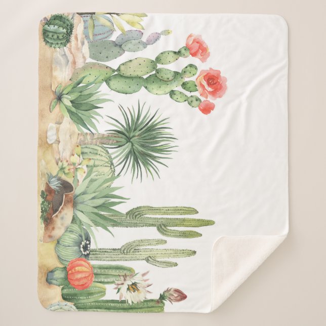 Blooming Cacti Watercolor Border Pattern Sherpa Blanket (Front)