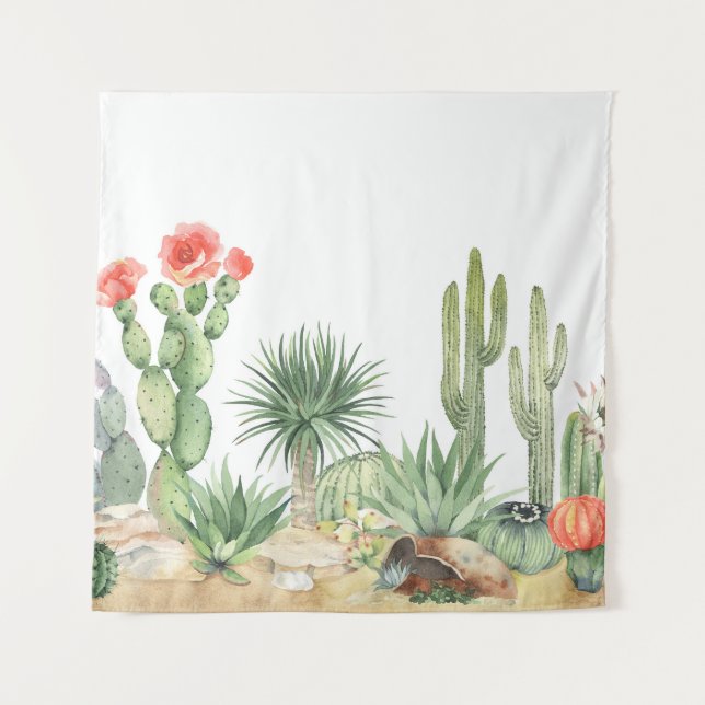 Blooming Cacti Watercolor Border Pattern Tapestry (Front)
