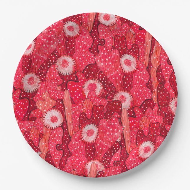 Blooming cactus, succulent flowers, desert plants paper plate (Front)