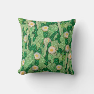 Blooming cactus, succulents, white flowers, green throw pillow