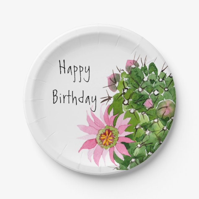 Blooming Cactus Watercolor Custom Party Paper Plate (Front)