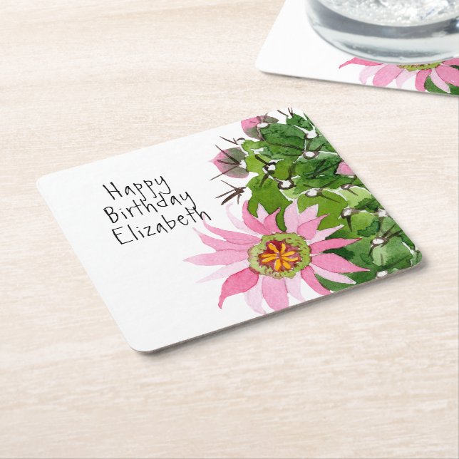 Blooming Cactus Watercolor Custom Party Square Paper Coaster (Angled)