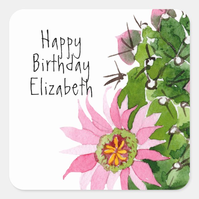 Blooming Cactus Watercolor Custom Party Square Sticker (Front)