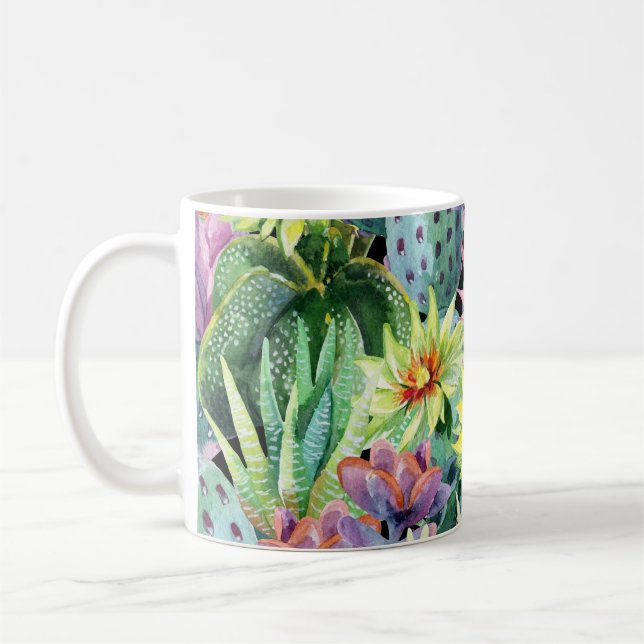Blooming cactus, watercolor seamless pattern. coffee mug (Left)