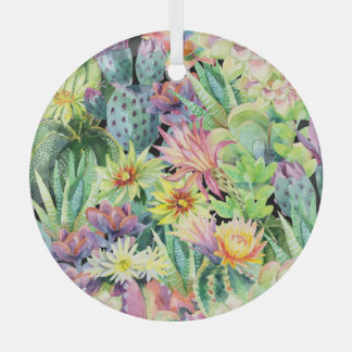 Blooming cactus, watercolor seamless pattern. glass ornament