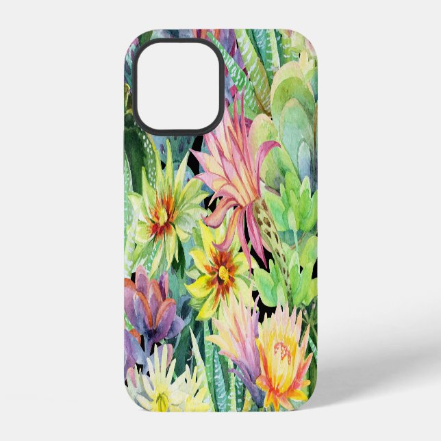 Blooming cactus, watercolor seamless pattern. iPhone case (Back)