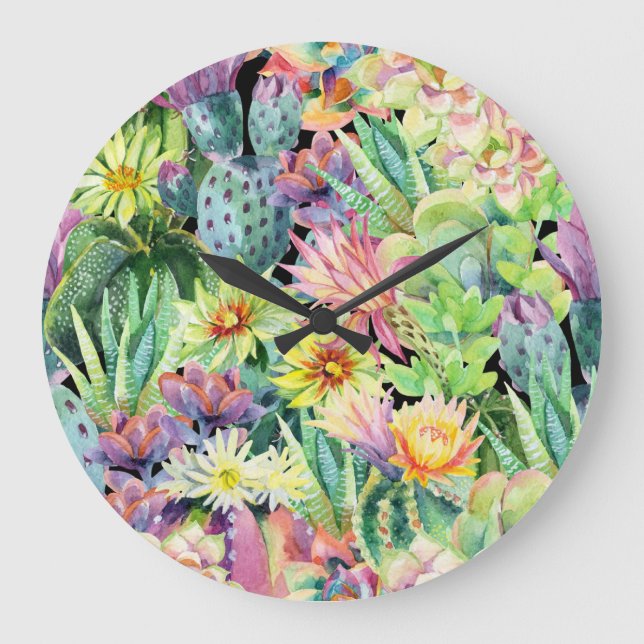 Blooming cactus, watercolor seamless pattern. large clock (Front)