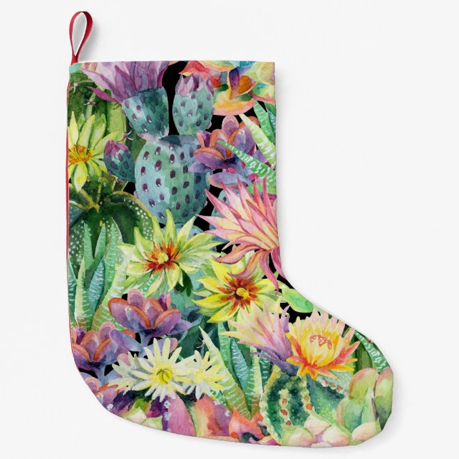 Blooming cactus, watercolor seamless pattern. small christmas stocking (Front)