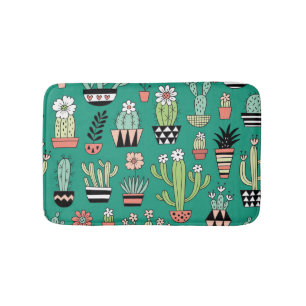 Blooming Cactuses Green Background Vintage Bath Mat