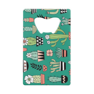 Blooming Cactuses Green Background Vintage Credit Card Bottle Opener
