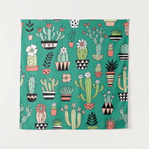 Blooming Cactuses Green Background Vintage Tapestry