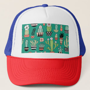 Blooming Cactuses Green Background Vintage Trucker Hat