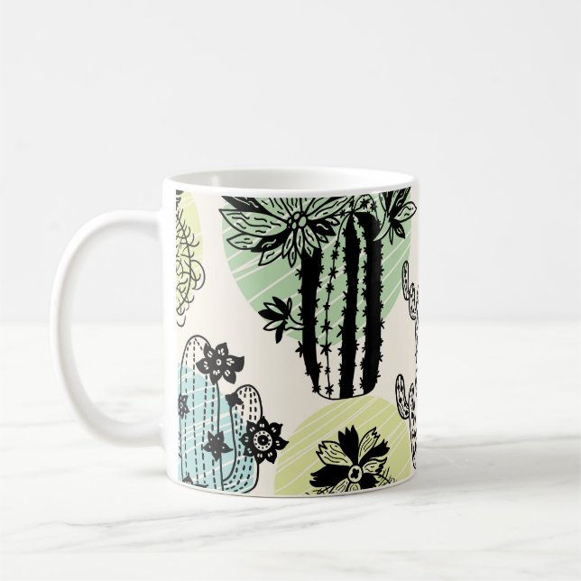 Blooming Cactuses: Hand-Drawn Seamless Charm Coffee Mug (Left)