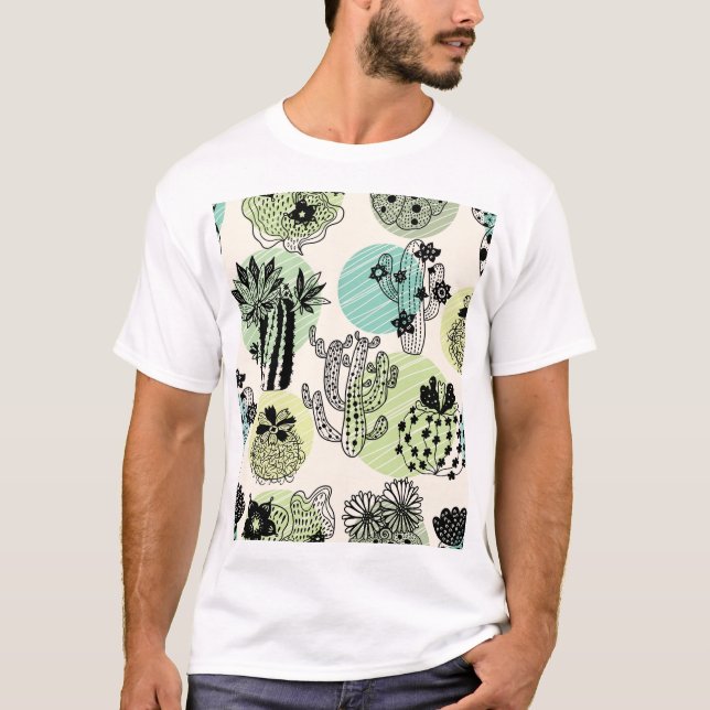 Blooming Cactuses: Hand-Drawn Seamless Charm T-Shirt (Front)