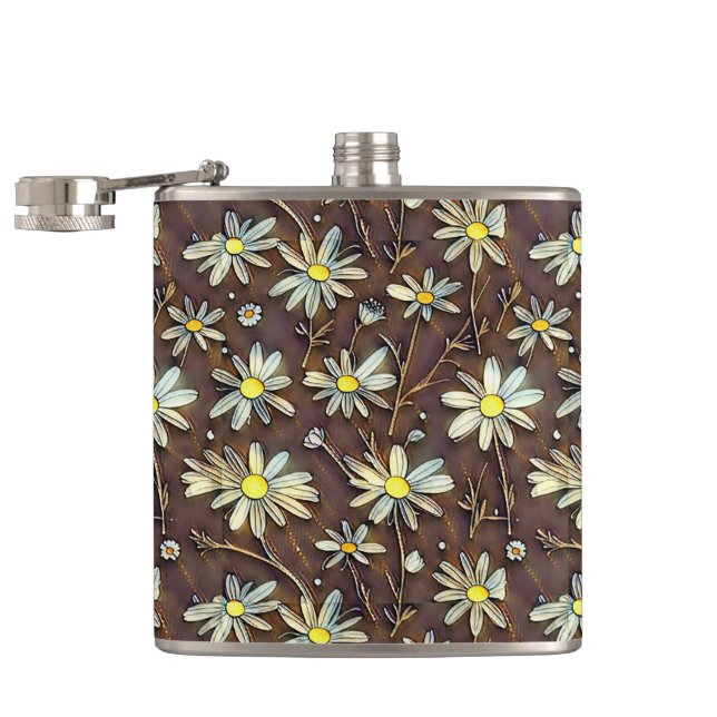 Blooming camomiles - Modern floral pattern design  Hip Flask (Opened)