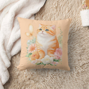 Blooming Cat: Orange and White Garden Delight Throw Pillow