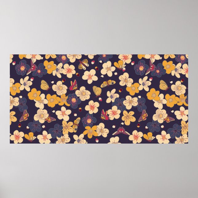 blooming cherry and butterflies seamless pattern.  poster (Front)