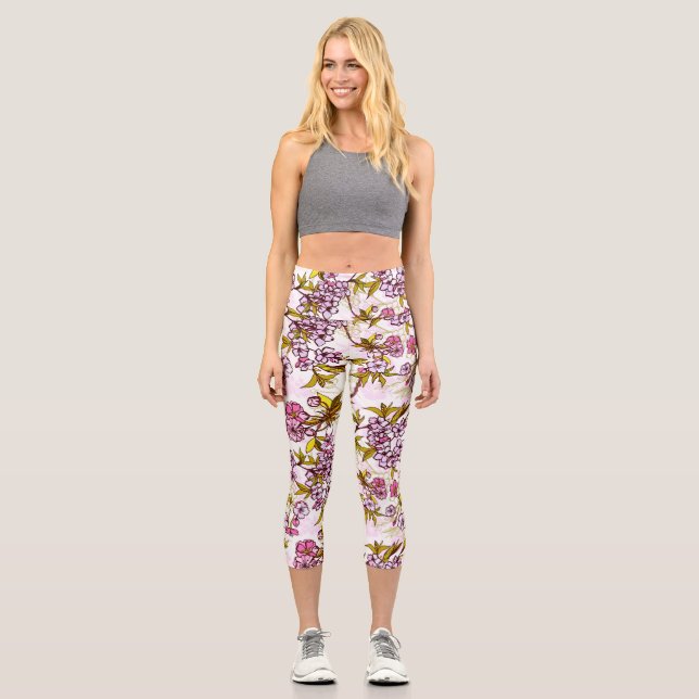 Blooming Cherry Blossom Pattern Capri Leggings (Front)