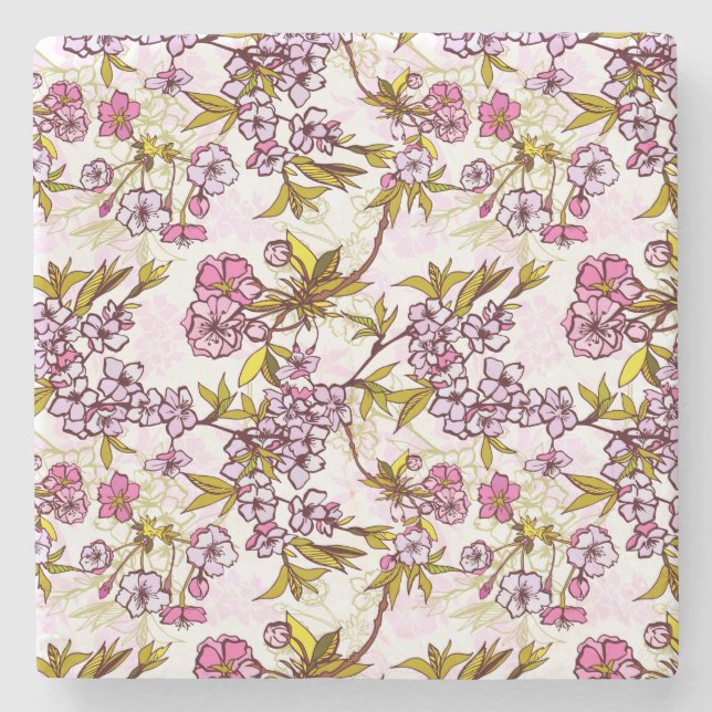 Blooming Cherry Blossom Pattern  Stone Coaster (Front)