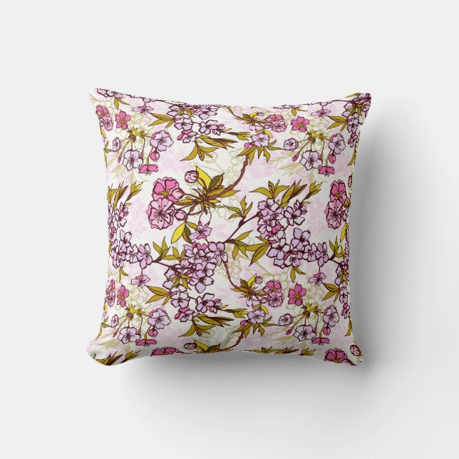 Blooming Cherry Blossom Pattern Throw Pillow (Front)