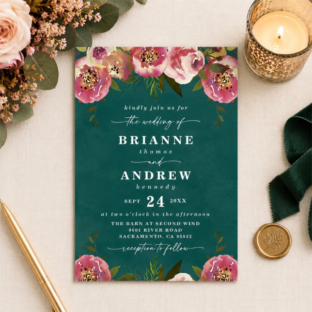 Blooming Chic Deep Teal Green Floral Wedding Invitation (Moody teal and blush pink floral wedding invitations)