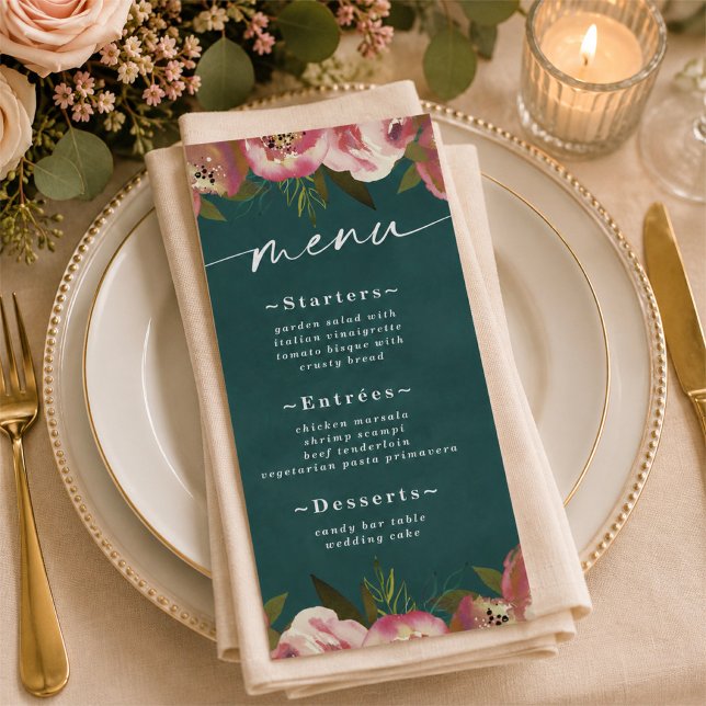 Blooming Chic Deep Teal Green Floral Wedding Menu (Elegant dark teal and floral reception menus)