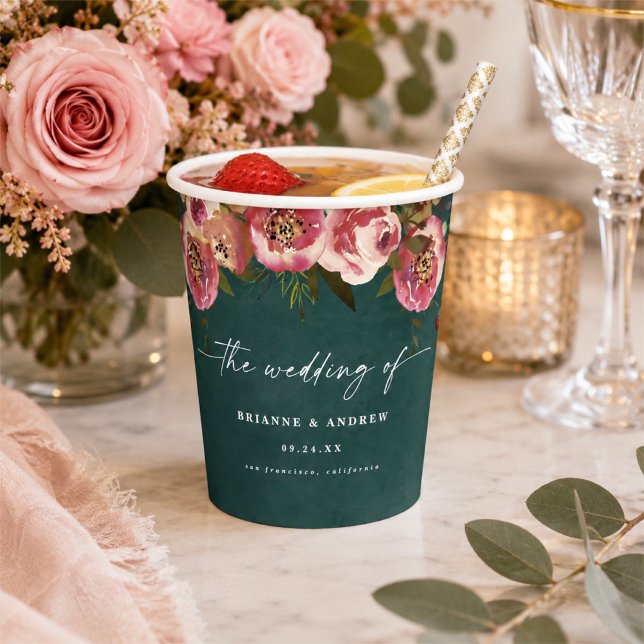Blooming Chic Deep Teal Green Floral Wedding Paper Cups (Botanical floral wedding reception paper cups)