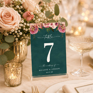Blooming Chic Deep Teal Green Floral Wedding Table Number