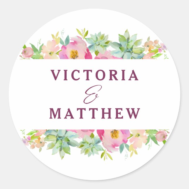 Blooming Chic Mint & Blush Floral Monogram Wedding Classic Round Sticker (Front)