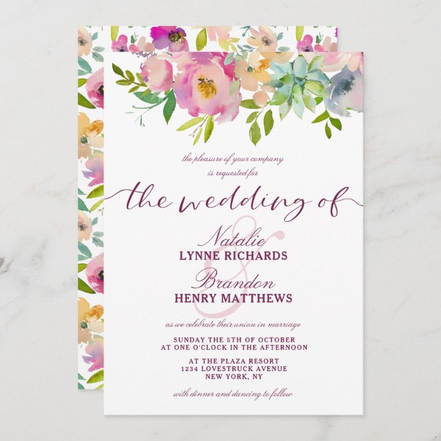Blooming Chic Mint & Blush Pink Floral Wedding Invitation (Front/Back)