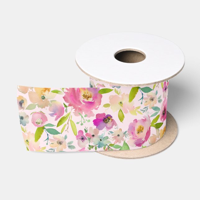 Blooming Chic Mint & Blush Pink Watercolor Wedding Satin Ribbon (Spool)