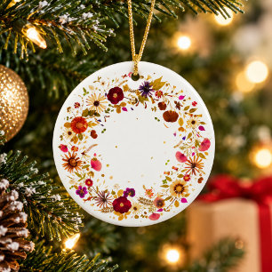 Blooming Colourful Pressed Flower Circle Christmas Ceramic Ornament