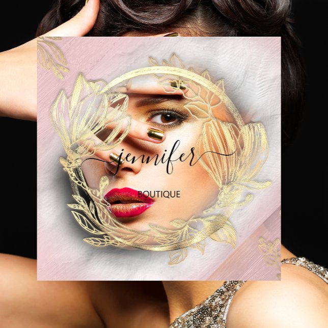 Blooming Connections: Floral Frame QR Code Logo  Square Business Card (Floral Frame QR Code Logo Gold Rose Shop Beauty Square Business Card)