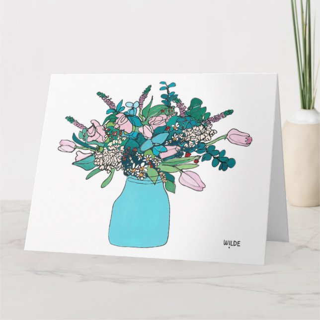 Blooming continuous line flowers in vase card (Front)