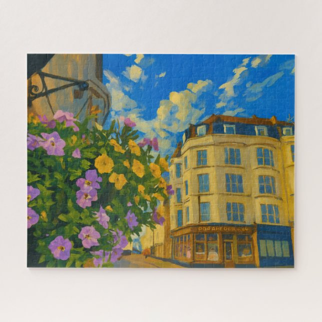 Blooming Corner – Vibrant European Street  Jigsaw Puzzle (Horizontal)