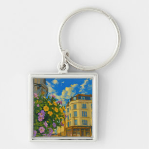 Blooming Corner – Vibrant European Street Keychain