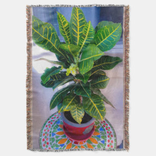 Blooming Croton on Mosaic Table Throw Blanket