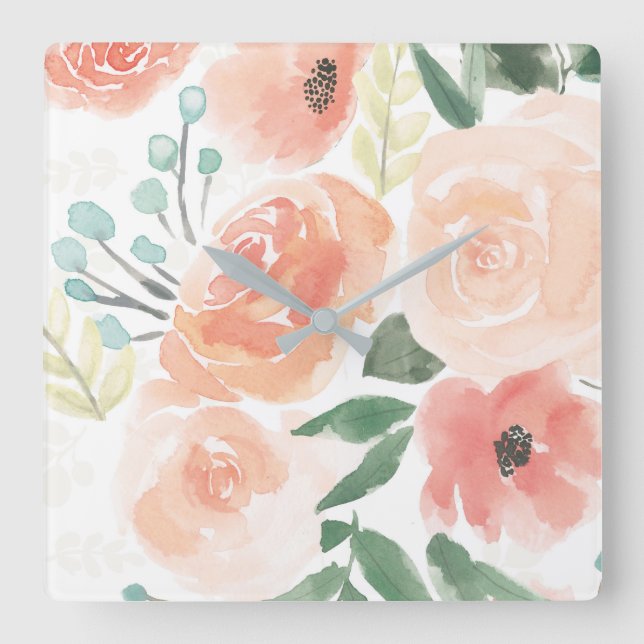 Blooming Delight | Pastel Peach Square Wall Clock (Front)