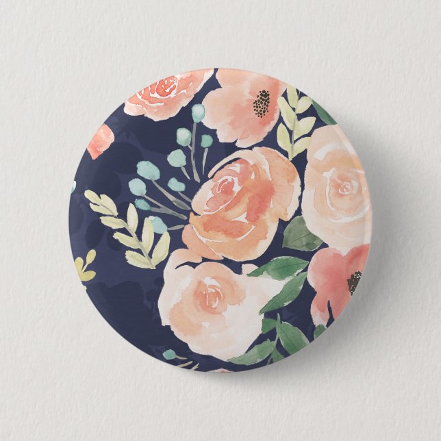 Blooming Delight | Peach & Blue Roses & Poppies 2 Inch Round Button (Front)