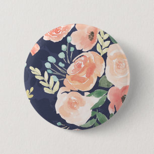 Blooming Delight   Peach & Blue Roses & Poppies 2 Inch Round Button