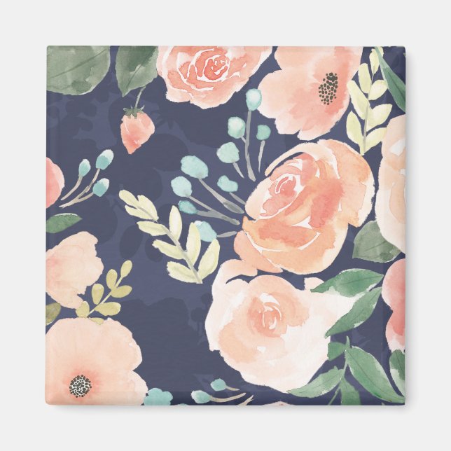 Blooming Delight | Peach & Blue Roses & Poppies Magnet (Front)