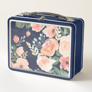 Blooming Delight Peach & Blue Roses & Poppies Metal Lunch Box