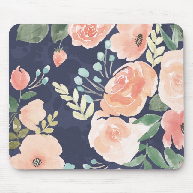 Blooming Delight | Peach & Blue Roses & Poppies Mouse Pad (Front)