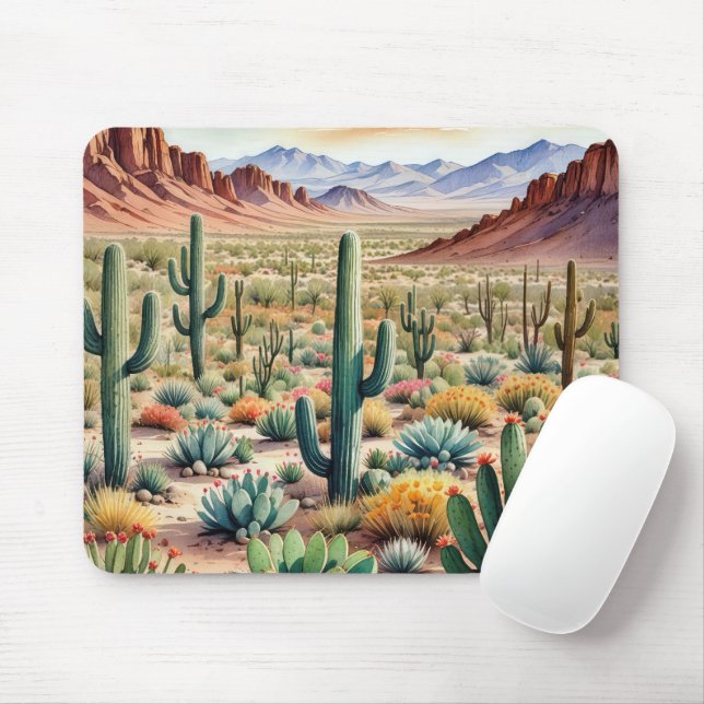 Blooming Desert In Watercolor Mouse Pad (With Mouse)
