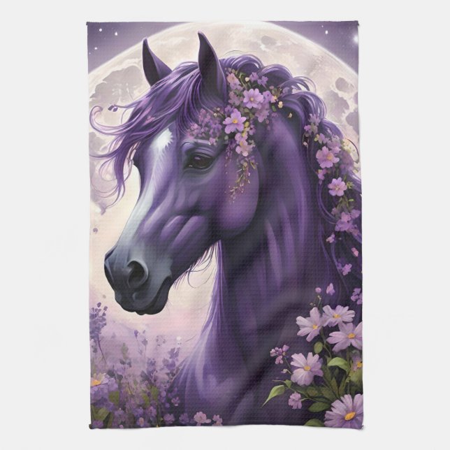 "Blooming Dreams: The Purple Floral Fantasy Horse" Kitchen Towel (Vertical)