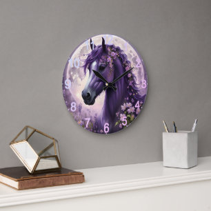 "Blooming Dreams: The Purple Floral Fantasy Horse" Large Clock