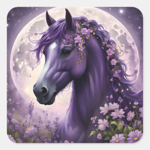 "Blooming Dreams: The Purple Floral Fantasy Horse" Square Sticker
