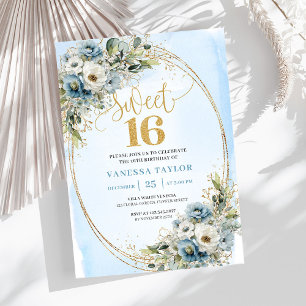 Blooming Dusty Blue Floral Sweet Sixteen Birthday  Invitation